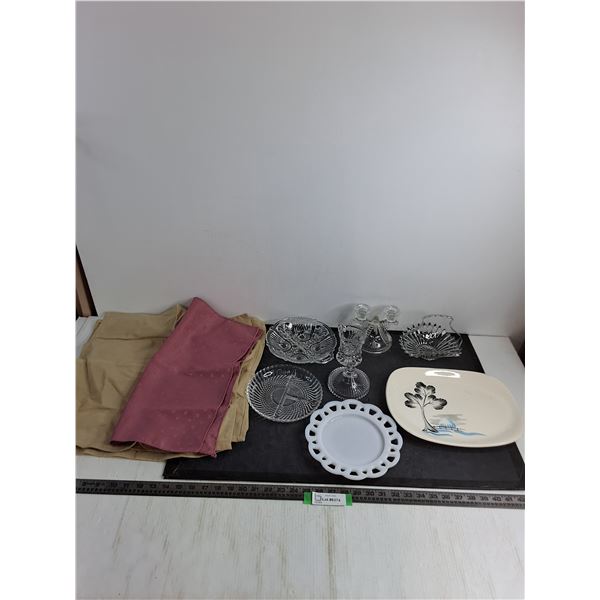 Platters, Candle Holder, Crystal Creamer, 5 Fabric Napkins