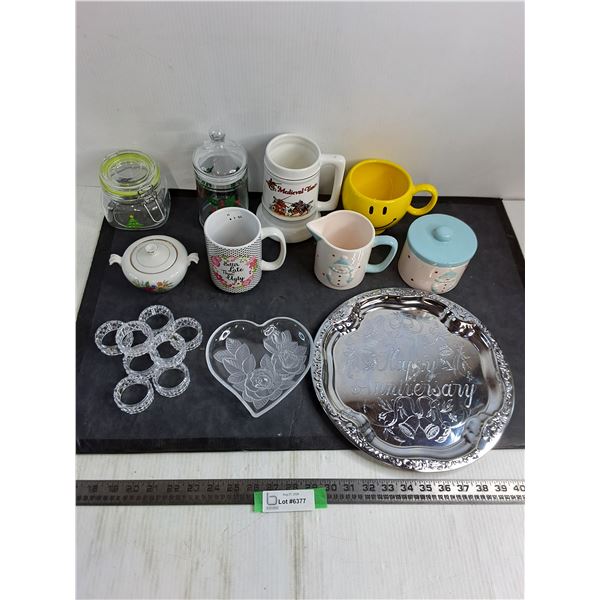 Ceramic Mugs, Glass Food Storage, Platters, Napkin Rings