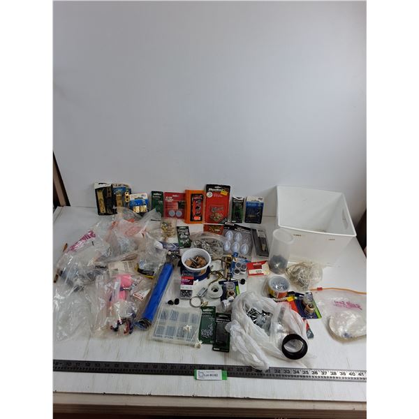 Large Assortment of Home Hardware, Fuses, Hooks, Tools, Air Pump, Tote, Misc.