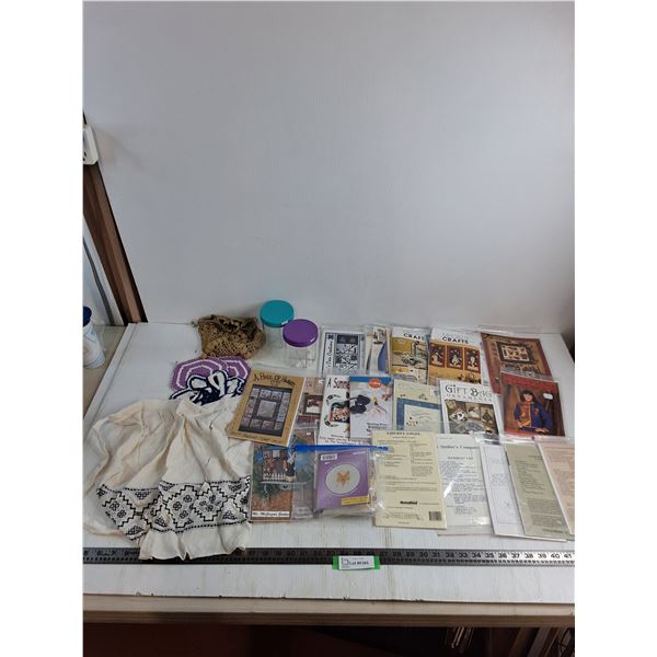 Large Assortment of Sewing & Craft Kits, Doilies, Apron, Segment Jars