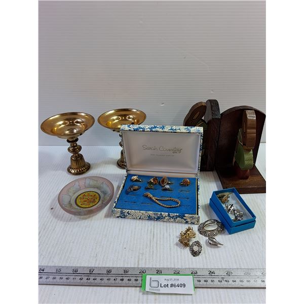Brass Candleholders, Vintage Bookends, Decorative Plate, Jewlery (Cannot Authenticate)