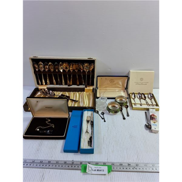 Assorted Spoons, Salt/Pepper Cellars w/ Spoons, Pickle Forks, Pearl Necklaces