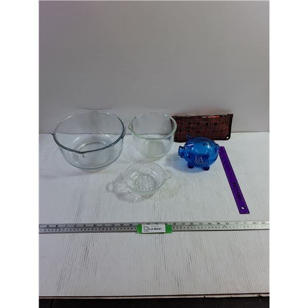 (3) Glass Bowls, Piggy Bank, School Supply Bag