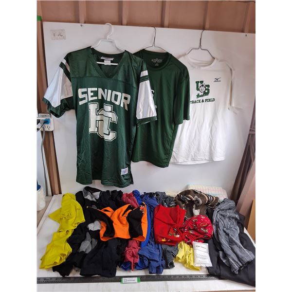 Men's Clothing (13) Shirts (S,M,L), Size 30/32 Dress Pants, Shorts, Baby Blanket, Jester Hat, Misc.