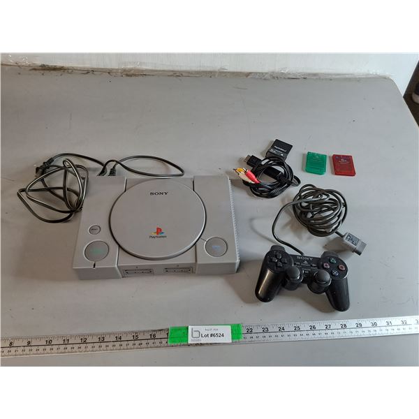 Play Station Console- Powers On, Memory Cards & Controller