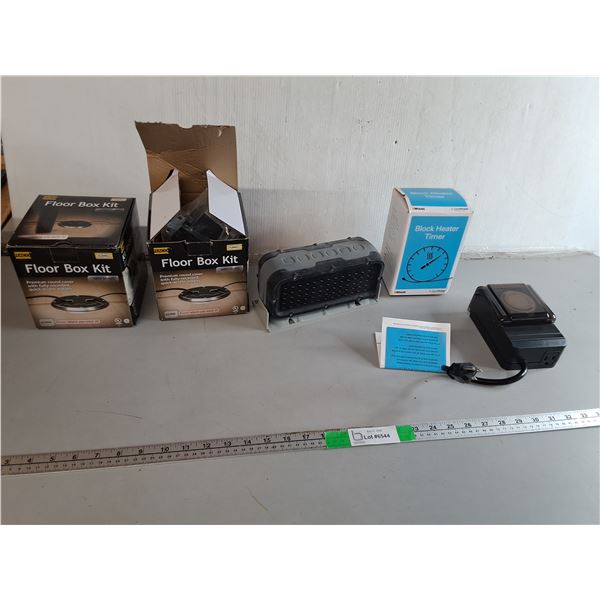 Block Heater Timer, (2) Floor Box Kits- Appear NIB & Bluetooth Speaker- As Is