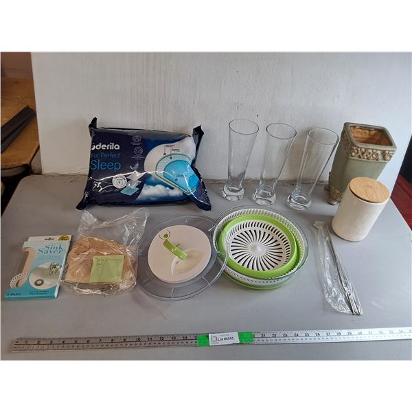 Derila Pillow. Vases Up to 10", Salad Spinner, Misc.