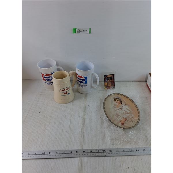 Labatt Blue Mug, (2) Pepsi Comeback Mugs, Pocahontas Trading Card, Princess Diana Plate