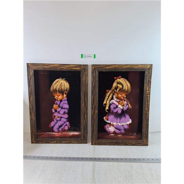 (2) Silveria Paintings of Boy and Girl Praying
