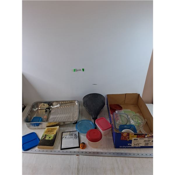 Funnel, Paint Tray, Nicholas Sparks Book, Assorted Containers and Lids Flashlight As-Is, Misc