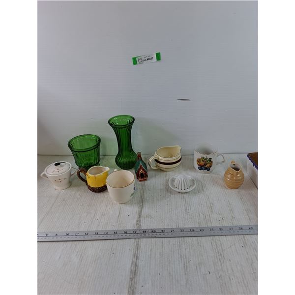 (2) Green Glass Vases, (2) Gravy Boats, Juicer, Cups