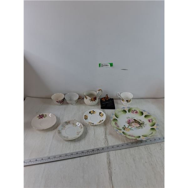 (3) Teacups, (3) Saucers, Horse Figure Tray, Large Decprative Plate