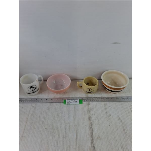 Coffee Cup, Shaving Mug, (2) Bowls, GlasBake, Fire King, Bracken