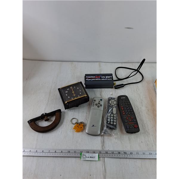 Portable Power Inverter, (3) Remotes All Untested, Westclox Clock As-Is, Goose Iron Handle