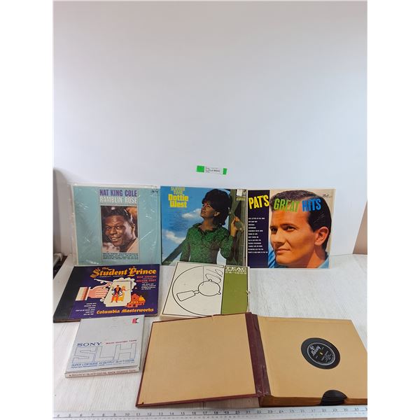 (5) Vinyl Records, Nat King Cole, Potties West, Assorted Record Books, (2) Film Reels