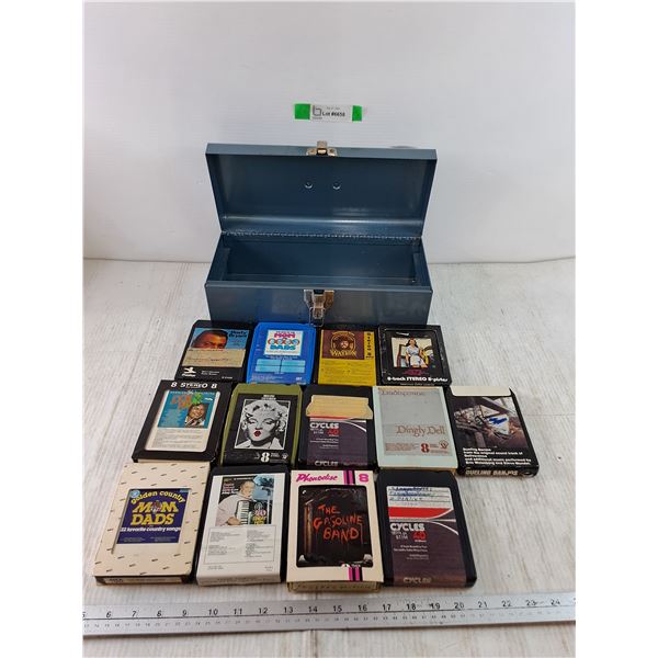 Beach Blue Toolbox With (13) 8-Track Cassettes, Gasoline Band, Waylon Jennings, Rusty Bryant