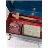 Image 6 : Mastercraft Blue Toolbox with Ruler, Canadian Pacific Manual, (2) Goggles, Oil Can, Misc