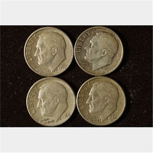 1959-D, 1960, 1960-D & 1961-D SILVER ROSY DIMES