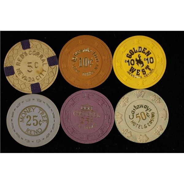 6 CLAY CASINO CHIPS WITH DECORATIVE BORDERS