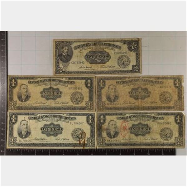 5-PHILIPPINE BILLS: 4-ONE PESO AND 1-2 PESO,