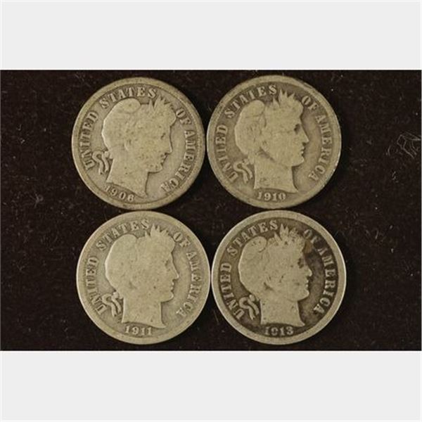 1906-D, 1910, 1911-D & 1913 SILVER BARBER DIMES