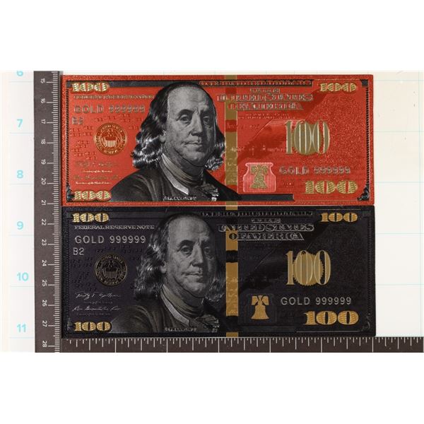 2-GOLD 999999 FOIL COLORIZED REPLICAS OF US $100