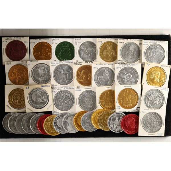 37 ASSORTED ALUMINUM MARDI GRAS TOKENS: BACCHUS,