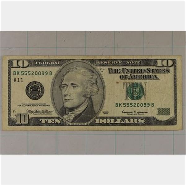 1999 US $10 FRN BK55520099B
