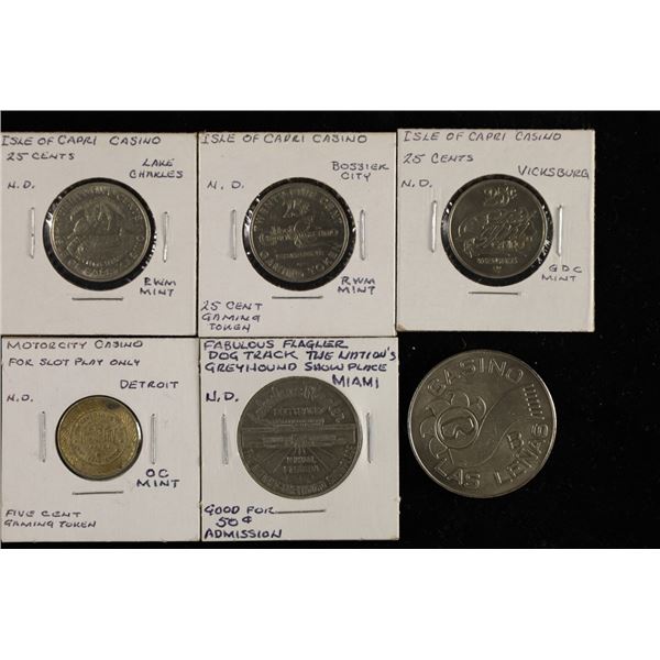 6 METAL CASINO CHIPS: 3-25 CENT ISLE OF CAPRI,