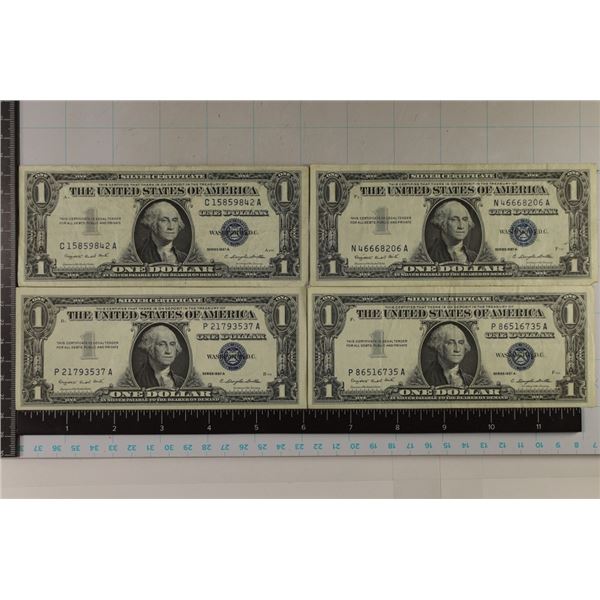 4-1957-A US $1 SILVER CERTS, BLUE SEALS. 3 ARE AU