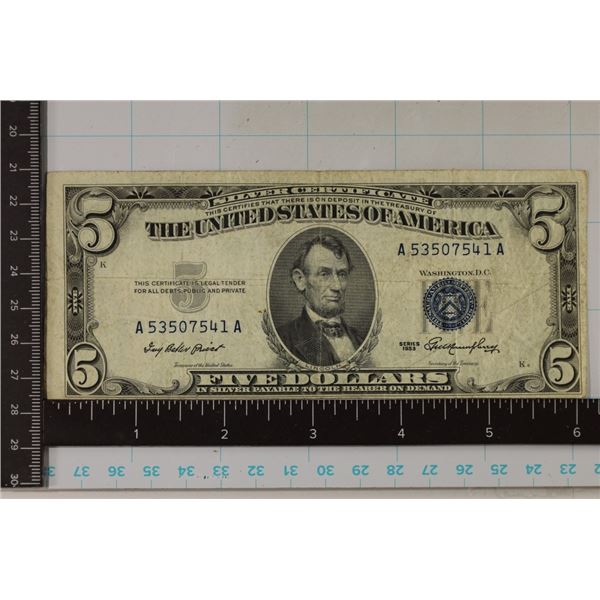 1953 US $5 SILVER CERT. BLUE SEAL