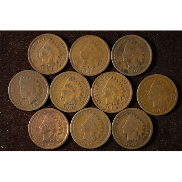 10 INDIAN HEAD CENTS: 1900-1908