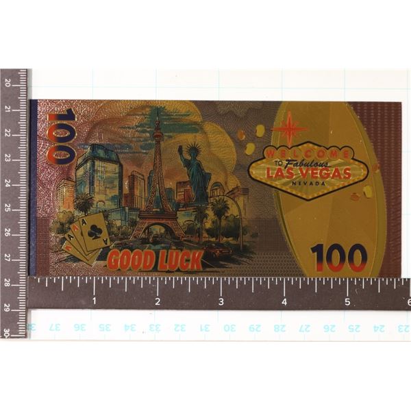 GOLD FOIL LAS VEGAS 100 CRISP UNC BILL "GOOD LUCK"