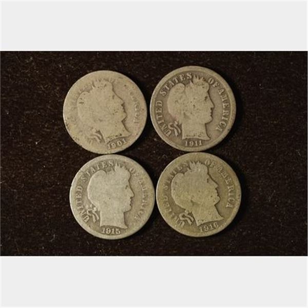1901, 1911, 1915-S AND 1916-S SILVER BARBER DIMES