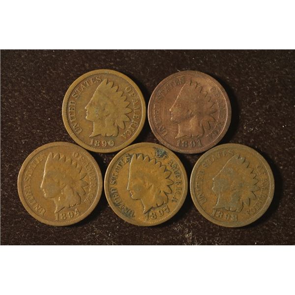 1890, 91, 94, 97 & 1898 INDIAN HEAD CENTS