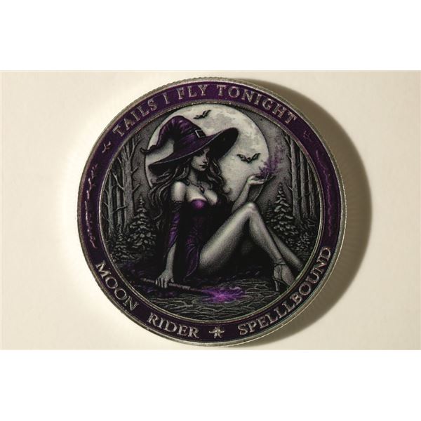.9 OZ. SILVER COLORED ROUND WITH COLORIZED WITCH