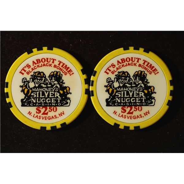 2-$2.50 MAHONEY'S SILVER NUGGET CASINO CHIPS.