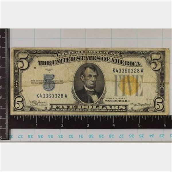 1934-A US $5 NORTH AFRICA YELLOW SEAL BILL