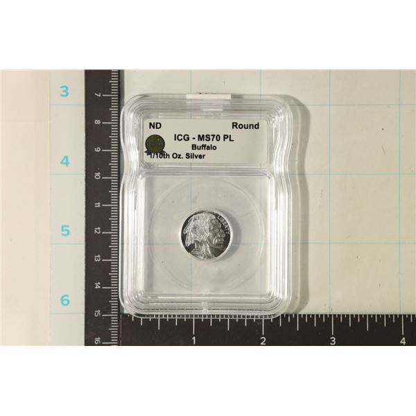 1/10 OZ. .999 SILVER BUFFALO ROUND ICG MS70 PL