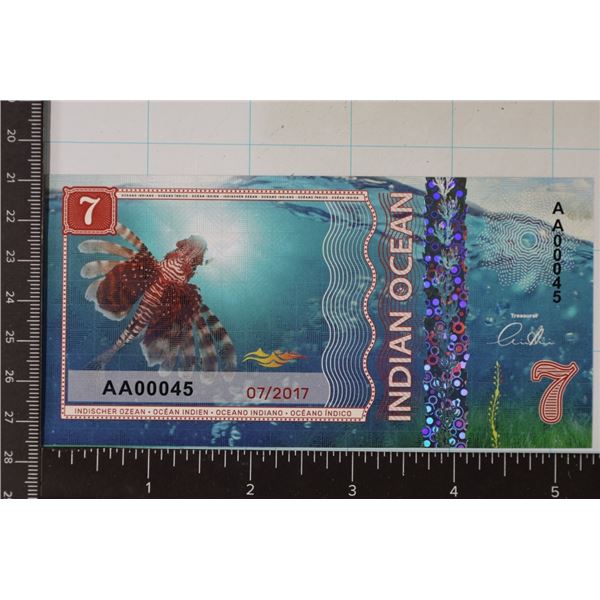 2017 INDIAN OCEAN $7 CRISP UNC COLORIZED BILL