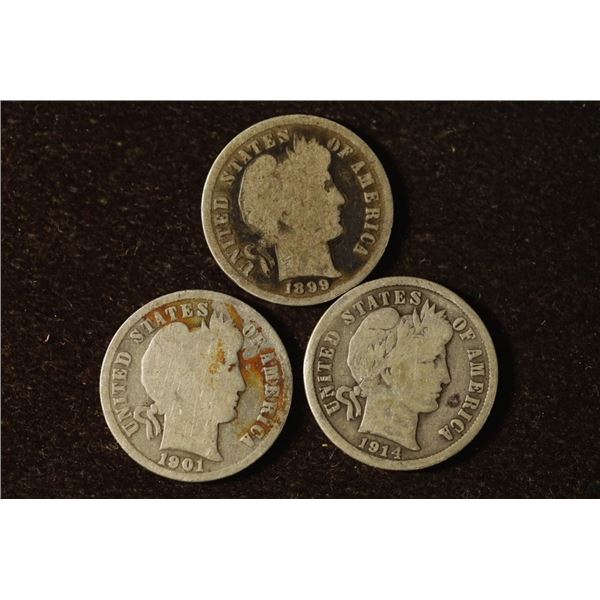 1899, 1901 & 1914-D SILVER BARBER DIMES