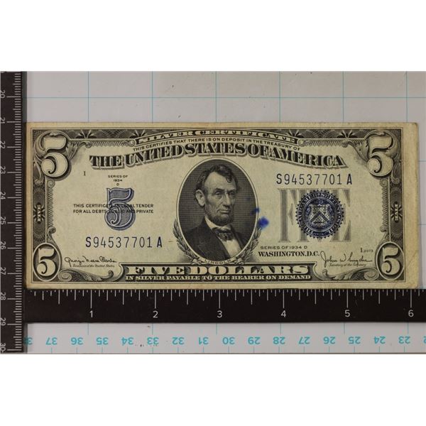 1934-D US $5 SILVER CERT. BLUE SEAL. CRISP AU
