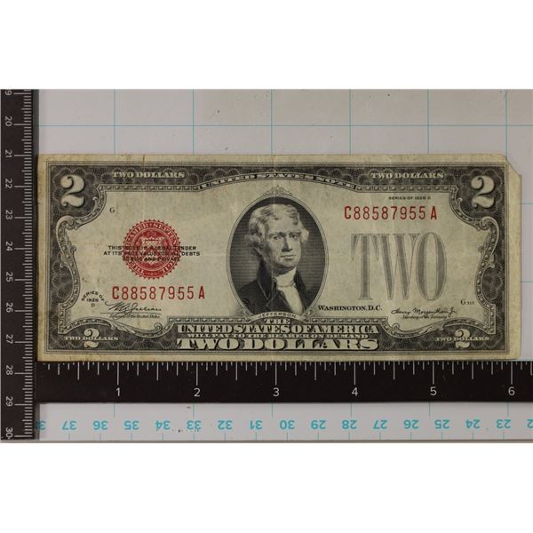 1928-D US $2 RED SEAL NOTE. SMALL PEICE OF UPPER