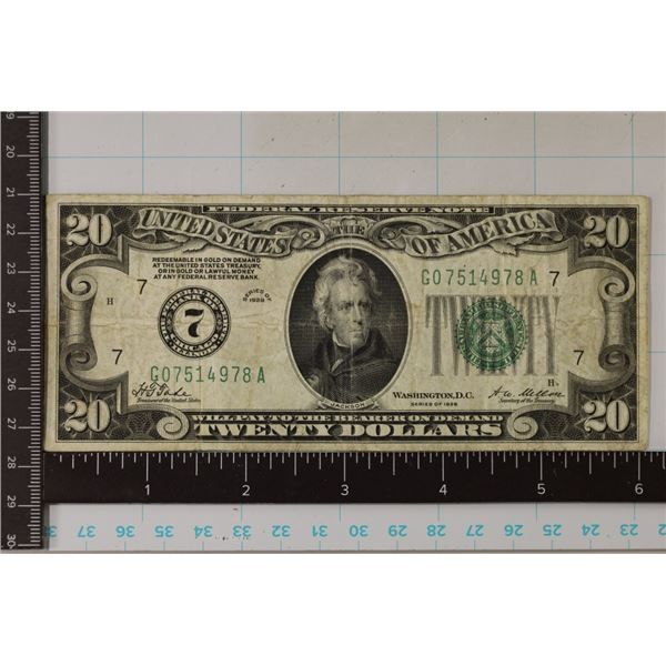 1928 US $20 FRN, GREEN SEAL REDEEMABLE IN GOLD ON