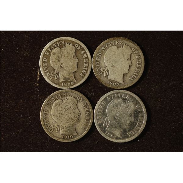 1899, 1907-S, 1910 & 1914-D SILVER BARBER DIMES