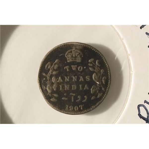 1907 INDIA SILVER 2 ANNAS .043 OZ. ASW, BENT AND