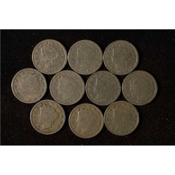 10 LIBERTY "V" NICKELS (1900-1912)