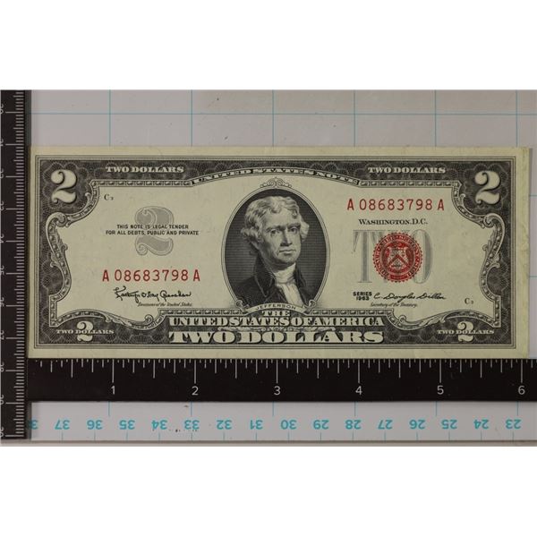 1963 US $2 RED SEAL NOTE. CRISP UNC.