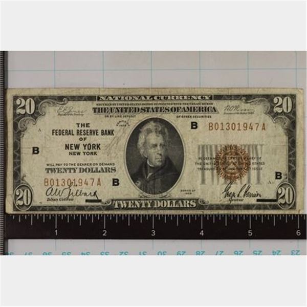 1929 US $20 NATIONAL CURRENCY BROWN SEAL