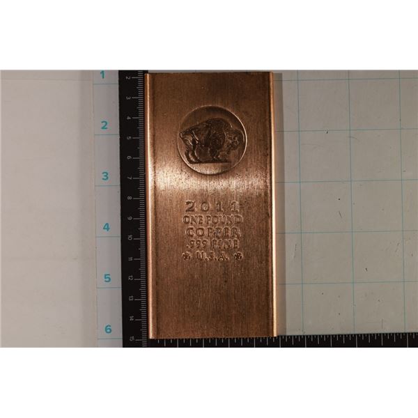 2011 1 POUND .999 FINE COPPER BAR WITH BUFFALO